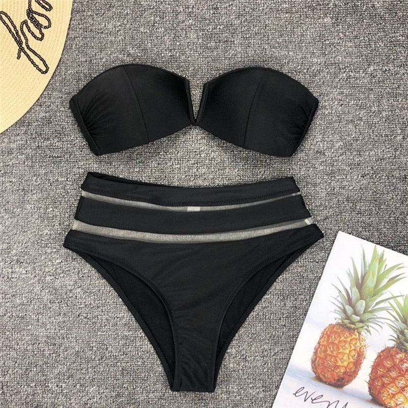 High Waisted Black Mesh Bikini Set