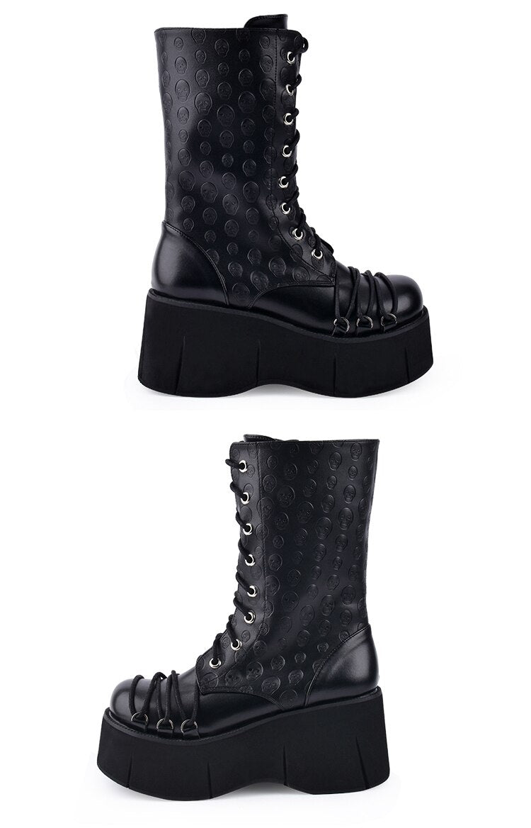 Skull Embroidered Platform Boots