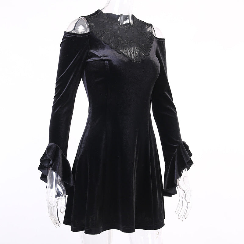 Lotus Sleeve Black Mini Dress