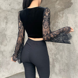 Lace Sleeves Velvet Top