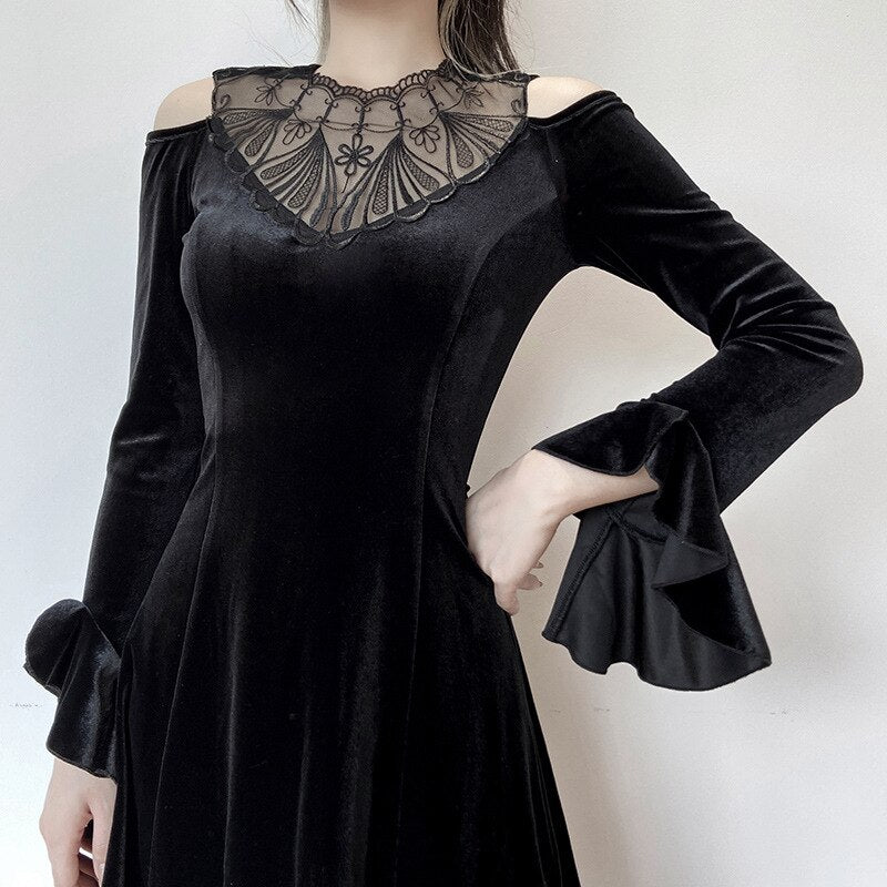 Lotus Sleeve Black Mini Dress