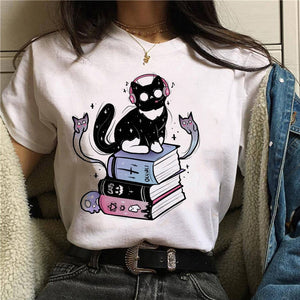 Cat and Books Print Top