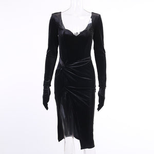 Gloves Sleeved Velvet Midi Dress