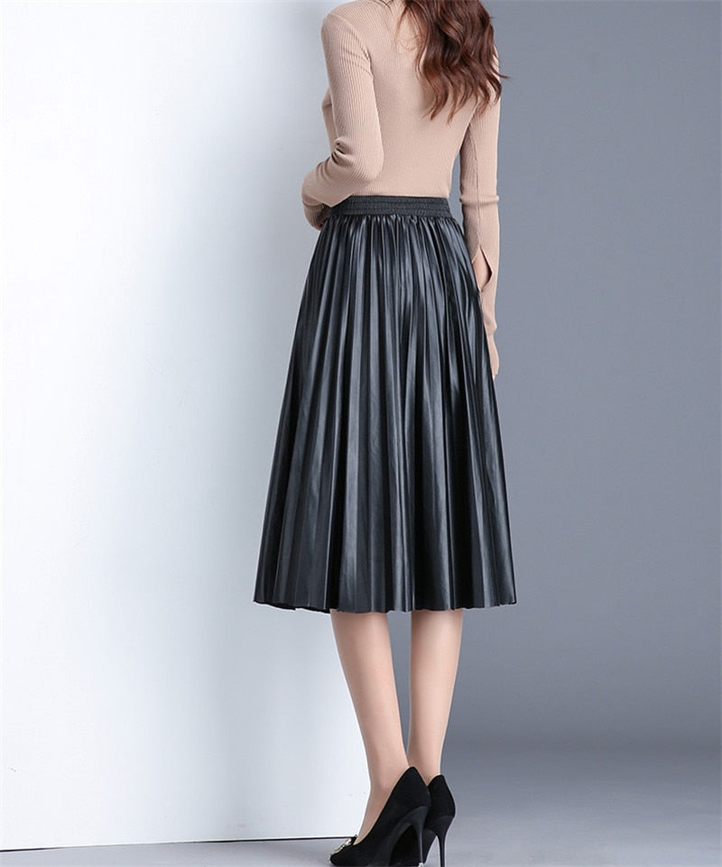 Pleated Leather Midi Skirt