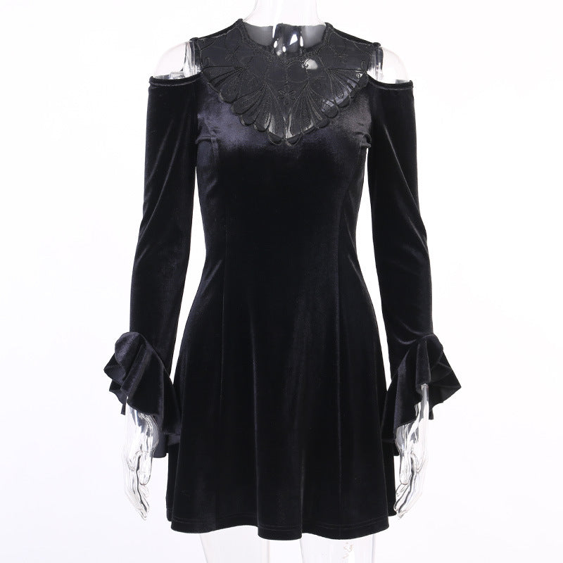 Lotus Sleeve Black Mini Dress