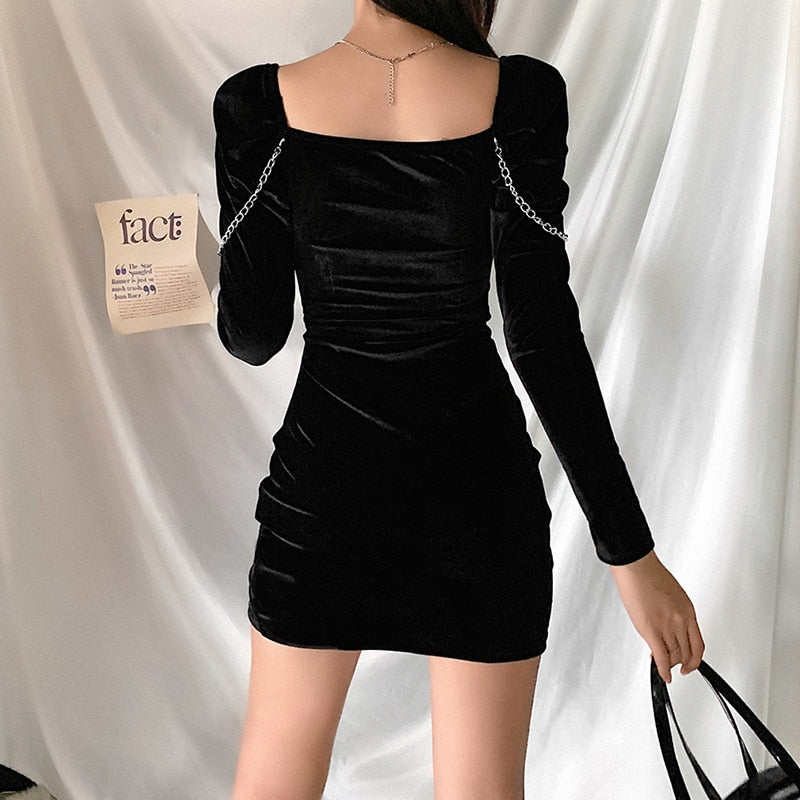 Chain Design Velvet Mini Dress