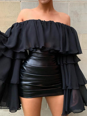 Ruched Leather Mini Skirt