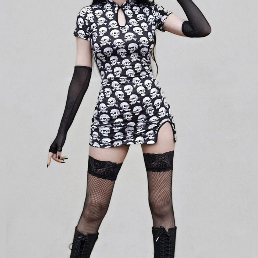 All Over Skulls Print Mini Dress