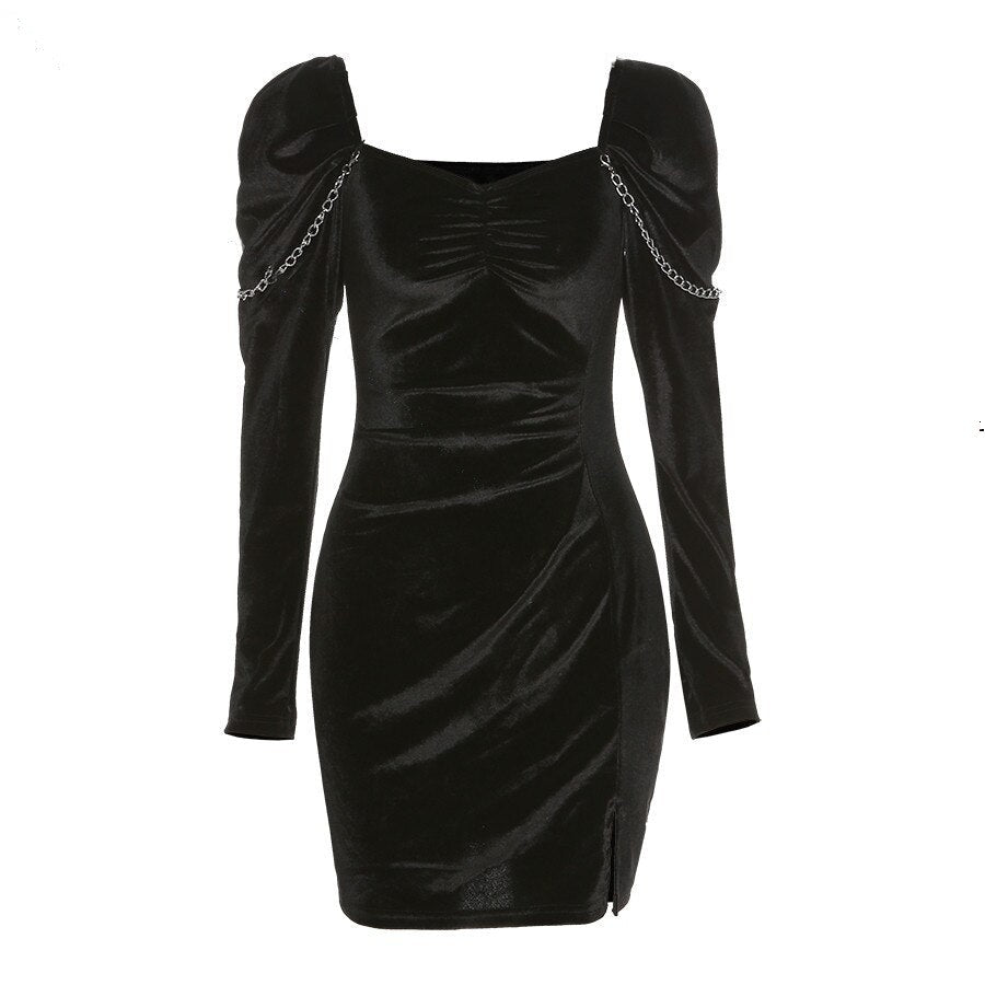 Chain Design Velvet Mini Dress