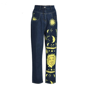 Sun and Moon Print Jeans