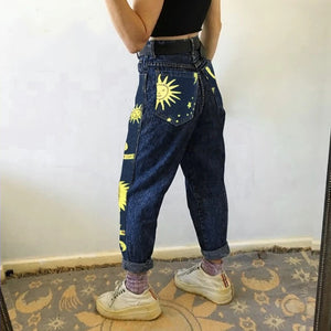 Sun and Moon Print Jeans