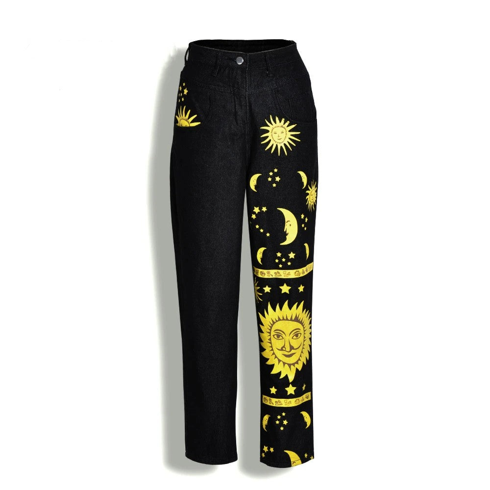 Sun and Moon Print Jeans