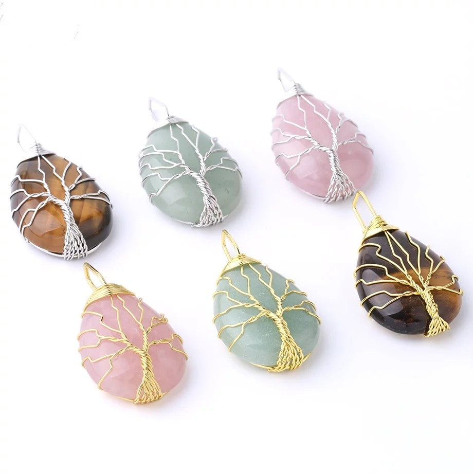 Silver And Gold Tree Of Life Stone Necklace