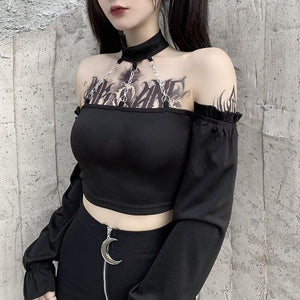 Black Cropped Blouse with Chains