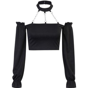 Black Cropped Blouse with Chains