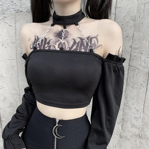 Black Cropped Blouse with Chains