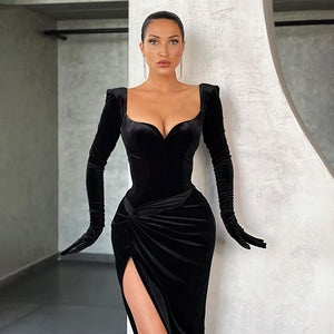 Gloves Sleeved Velvet Midi Dress