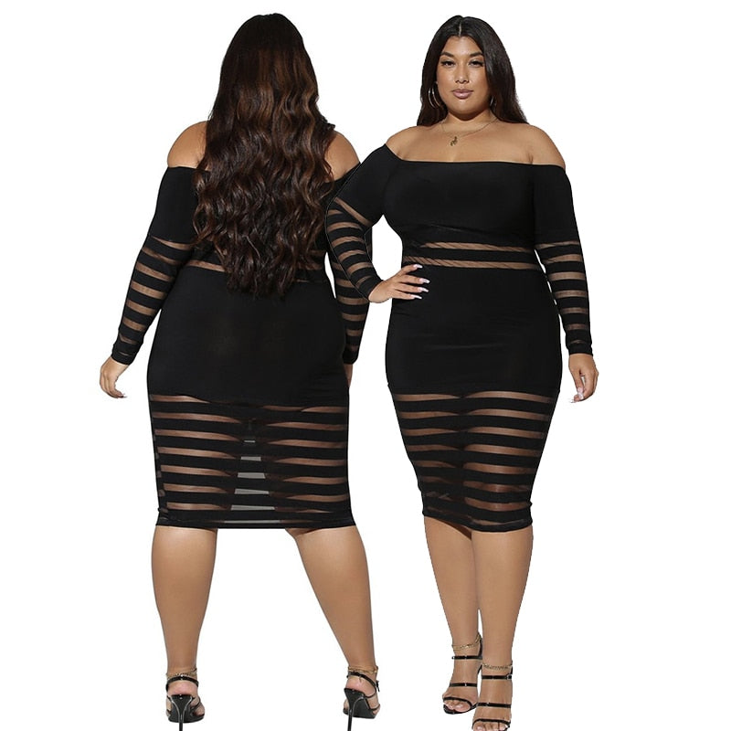 Midi Dress In Mesh And Black Stripes