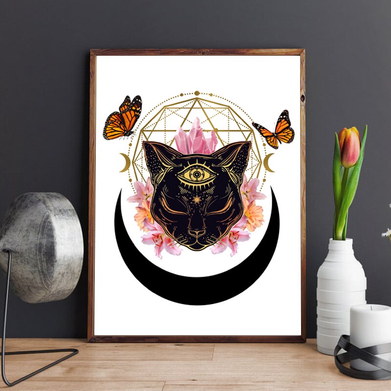 Cat And Moon Print Wall Poster