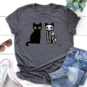 Cat And Skeleton Cat Print T-Shirt