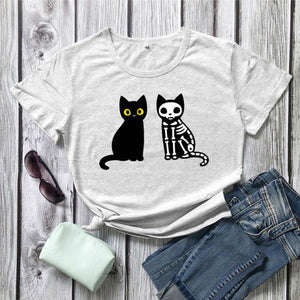 Cat And Skeleton Cat Print T-Shirt