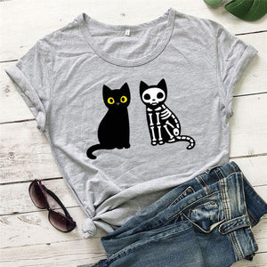 Cat And Skeleton Cat Print T-Shirt