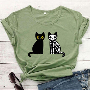 Cat And Skeleton Cat Print T-Shirt