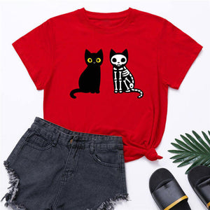 Cat And Skeleton Cat Print T-Shirt