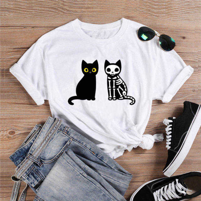 Cat And Skeleton Cat Print T-Shirt