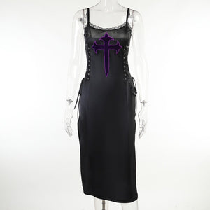 Purple Cross Design Midi Dress