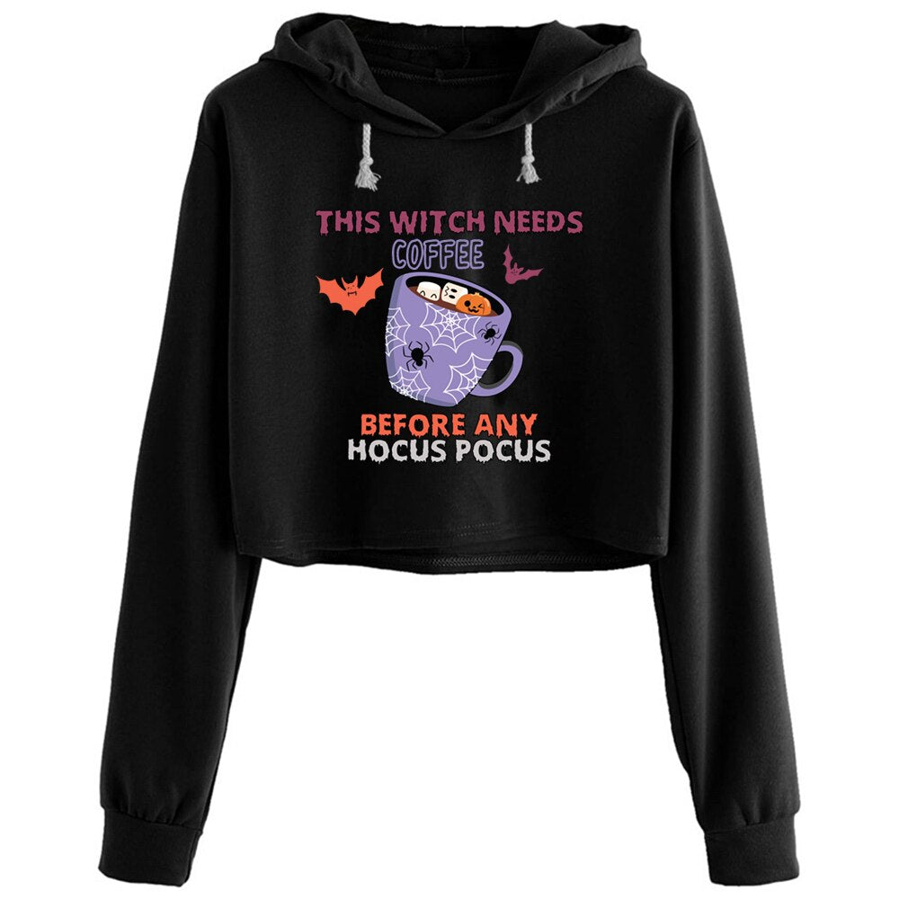 "This Witch Needs Coffee Before Any Hocus Pocus" Cropped Hoodie