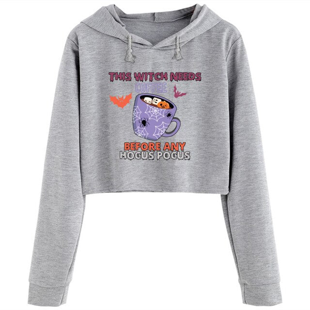 "This Witch Needs Coffee Before Any Hocus Pocus" Cropped Hoodie